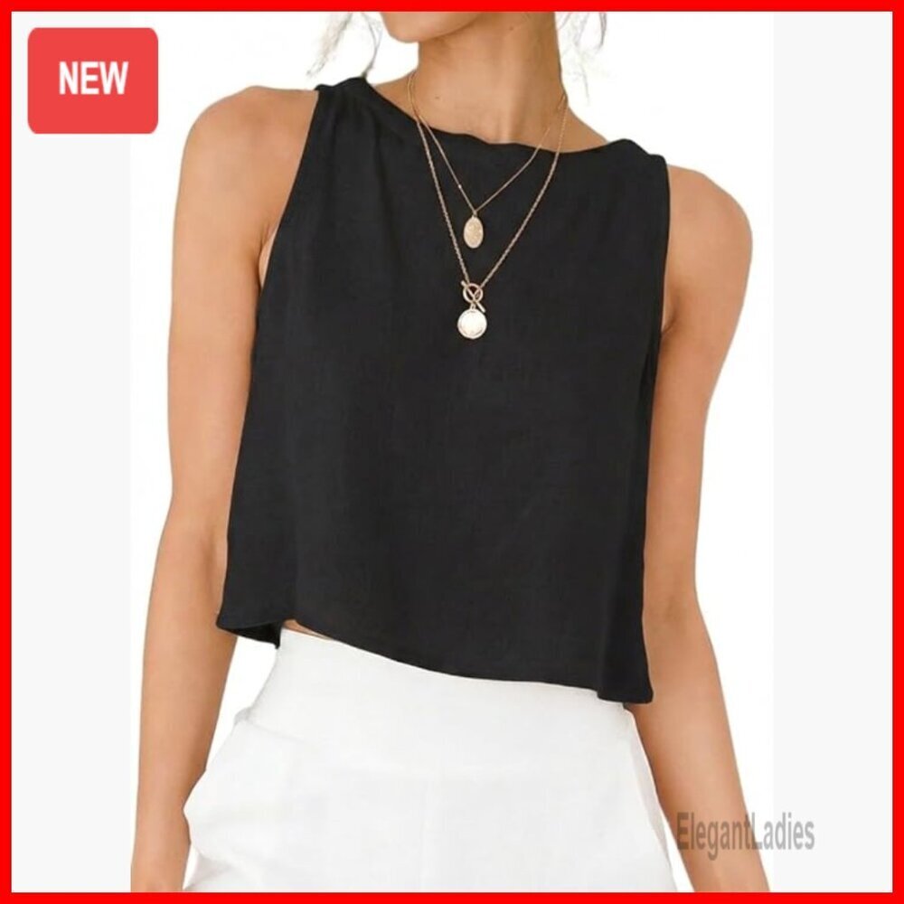 Linen Blend Crop Tank Top High Neck Button Back Casual Summer Beach